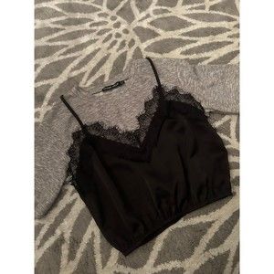Lavish Alice Gray Tshirt and Black Lace Tank Top Layered Blouse